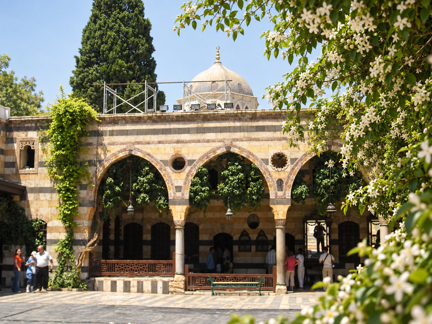White jasmine framing the courtyard of Azem Palace in Damascus, an artistic photographic edit